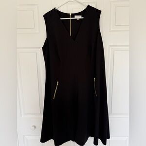 Calvin Klein Dress 18W Black Sleeveless A-Line V Neck Gold Zipper Plus Size